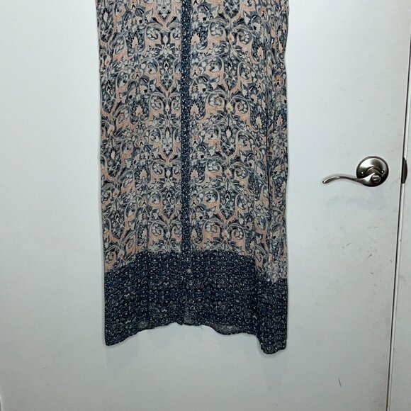 Lucky Brand S Blue & Peach Floral Paisley Midi Dress Short Sleeve Button Front - Picture 4 of 9